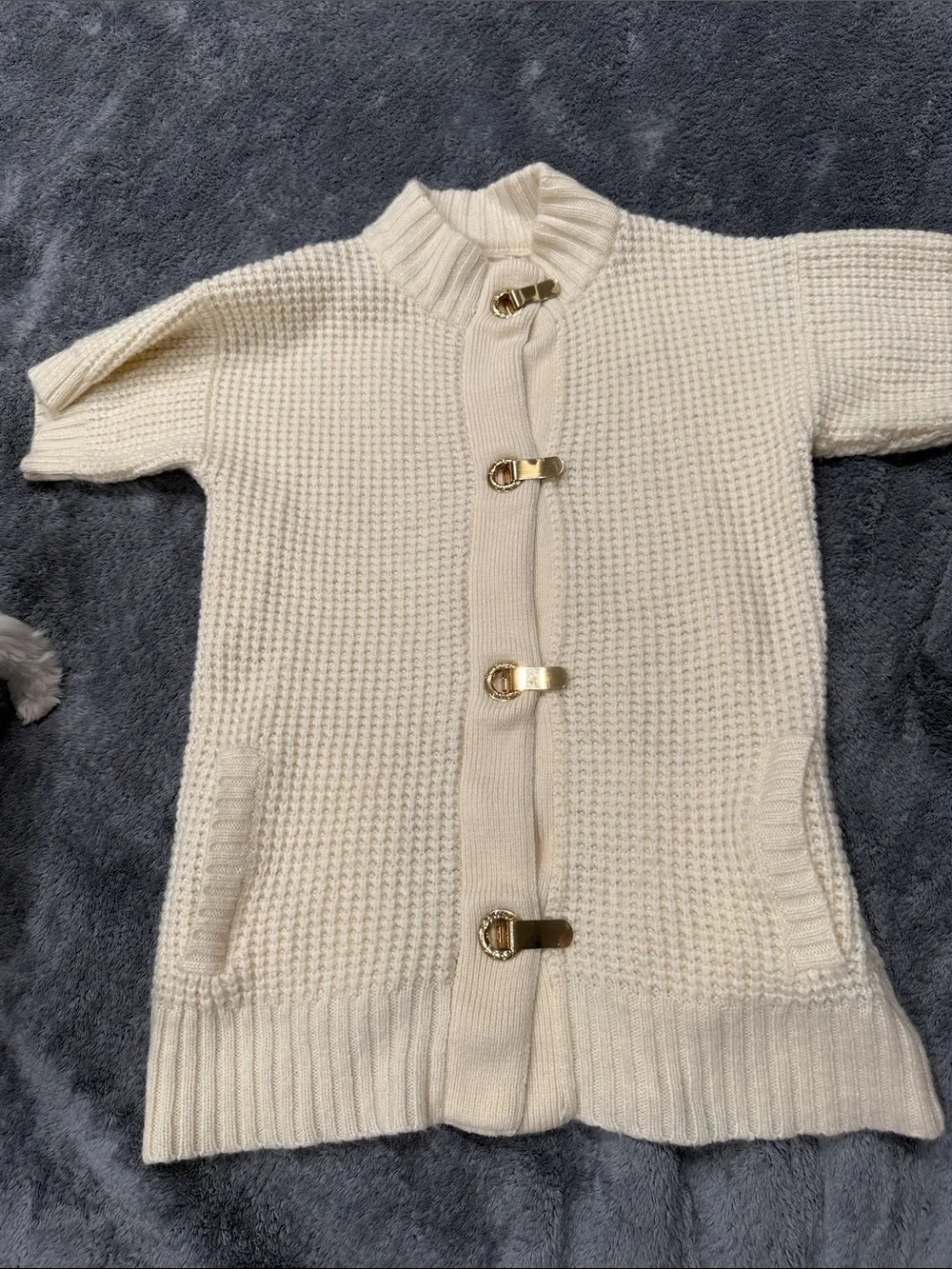 Michael Kors Cream Short-Sleeve Knit Cardigan with Gold Hardware
